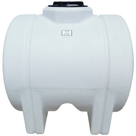 The Norwesco HORIZ. LEG 425 Gallon is a large white plastic tank with a cylindrical shape and a black lid, supported by four raised legs. It features smooth surfaces and has a small rectangular label on its side.