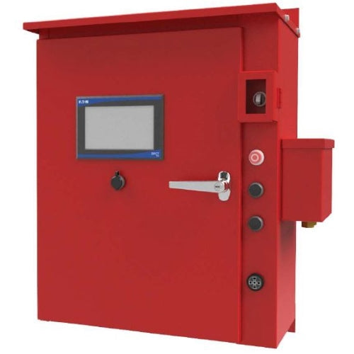 The Eaton FD140 Diesel Controller is a red electrical control panel with a touchscreen display designed for diesel fire pump management. It includes a handle, several buttons, and connectors on the right side. The panel is flat-mounted and features an industrial design with dual built-in battery chargers.