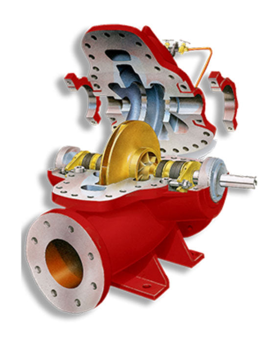 Image of a cutaway section of a red Patterson Horizontal Split Case Fire Pump, showcasing internal components like the impeller and shafts. The design highlights the operational mechanisms and flow path, typical of Patterson pumps capable of 5000 GPM flow rates.
