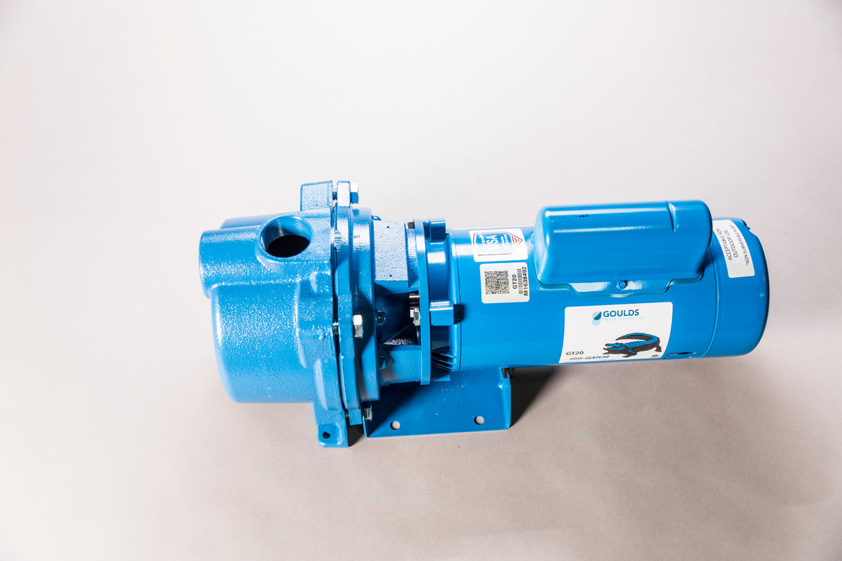 A blue GT20 Series pump from GOULDS is positioned against a neutral background. This self-priming industrial pump includes a cylindrical motor and durable, textured housing, along with a corrosion-resistant impeller.