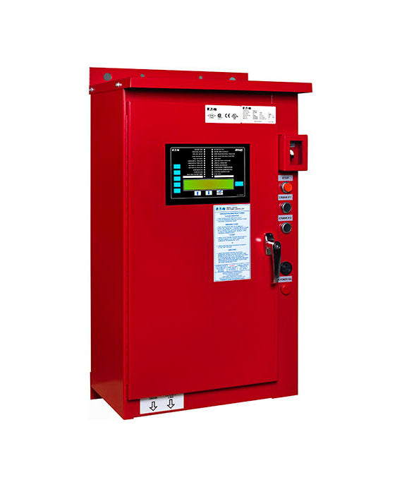 The Eaton FD120 – Diesel Fire Pump Controller cabinet is equipped with a digital display and various control buttons. Specifically designed for emergency fire suppression systems, this unit features clear labels and instructions on its front panel to ensure seamless integration with diesel engine controllers.