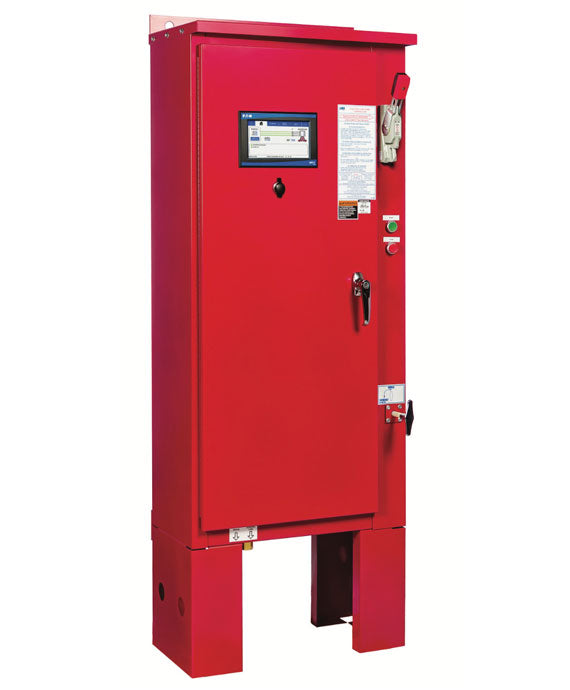 The Eaton FD70 – Wye-Delta – Open industrial control panel cabinet, designed for Wye-Delta starting, features a front digital display and includes labels, buttons, and a lock mechanism. Elevated on a base against a plain white background, it provides automatic operation efficiency.