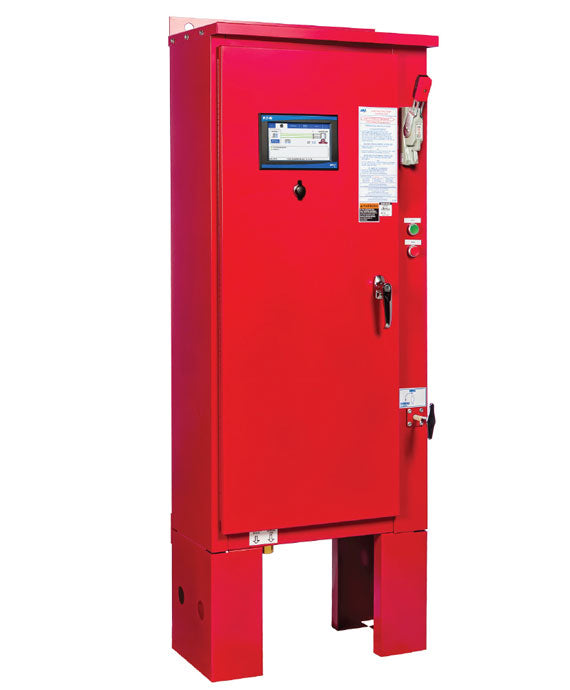 A tall red metal electrical cabinet by Eaton stands on sturdy legs, featuring a small display screen, a handle, and various control buttons and switches on its front panel. It incorporates the FT90 – Soft Start transfer switch controller for smoother operations.