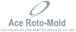 Logo of Ace Roto-Mold, a division of Den Hartog Industries, Inc., featuring a stylized oval shape over the company name in gray text.