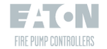 Logo for Eaton Fire Pump Controllers, featuring the word "EATON" in bold, stylized letters and "Fire Pump Controllers" below. The design uses a clean, modern font.