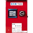 The Eaton 1-Phase Jockey Panel: XTJP-G17-L1, in red, is equipped with a digital touchscreen display and control switch for efficient monitoring and management of pump operations. It includes data logging capabilities, adorned with various labels and logos on its surface.