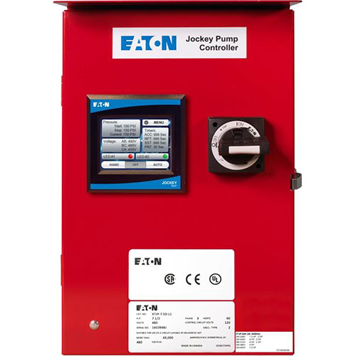 The Eaton 1-Phase Jockey Panel: XTJP-G17-L1, in red, is equipped with a digital touchscreen display and control switch for efficient monitoring and management of pump operations. It includes data logging capabilities, adorned with various labels and logos on its surface.