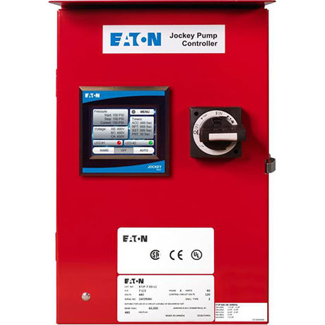 Eaton's 1-PHASE JOCKEY PANEL:XTJP-G20-L1 features a touchscreen display on the left and a rotary switch on the right, equipped with various buttons and labels. This controller is designed for managing and monitoring fire pump systems efficiently, offering history data logging capabilities for streamlined system management.