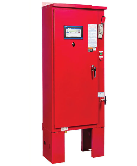 The FT80 – WYE-Delta (Star-Delta) Closed Transition by Eaton is a red industrial control panel cabinet that includes a transfer switch controller. It features a small display screen, buttons, and labels on the front. The cabinet is mounted on elevated legs and comes with a door equipped with a handle and a small window for easy monitoring.